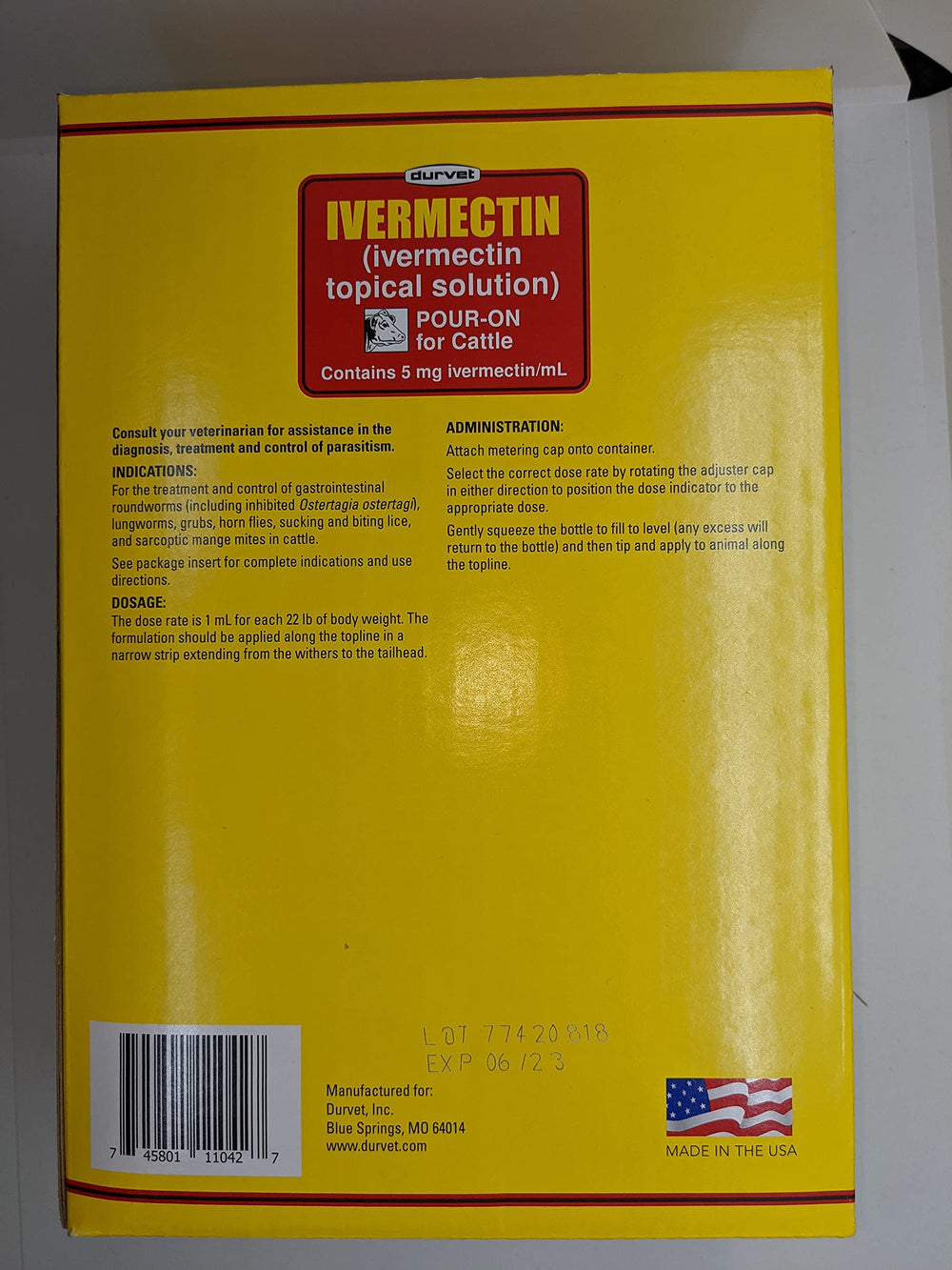 Durvet Ivermectin pour-on dosage shelf display for veterinarians and farmers.