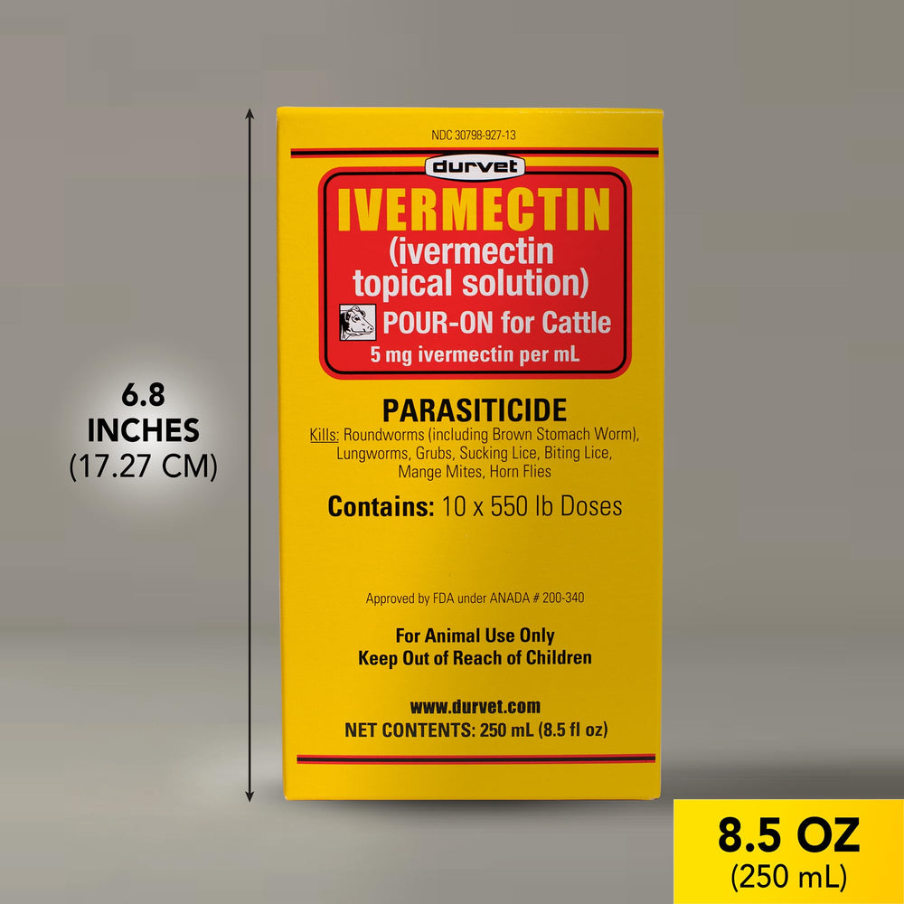 Durvet Ivermectin Pour-On label close-up highlighting product strength.