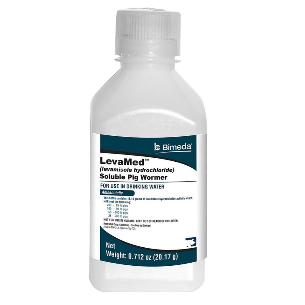Durvet Levamed soluble pig wormer bottle for easy water-based administration in pigs.
