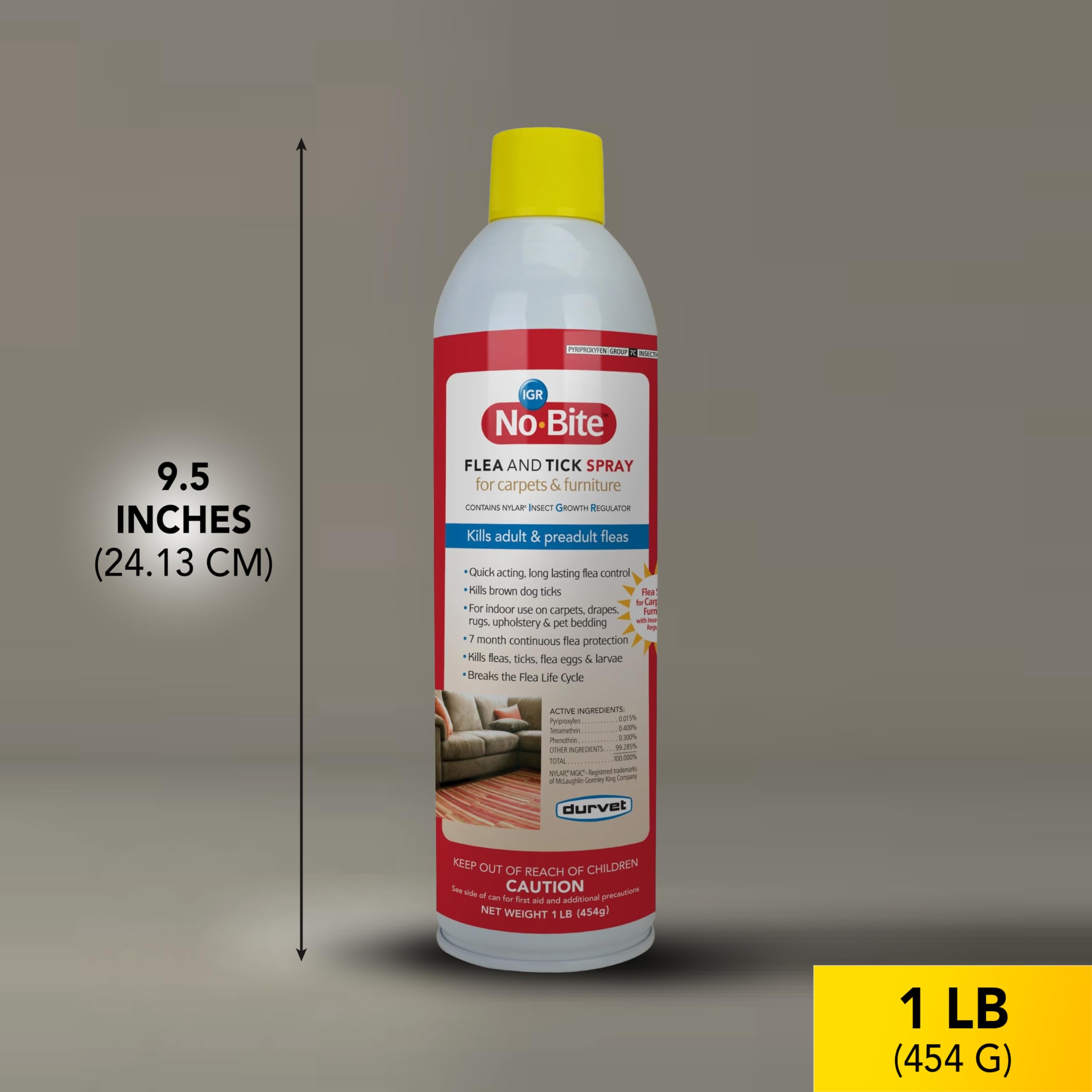 Durvet No Bite IGR 16 oz bottle on carpet for home pest control.