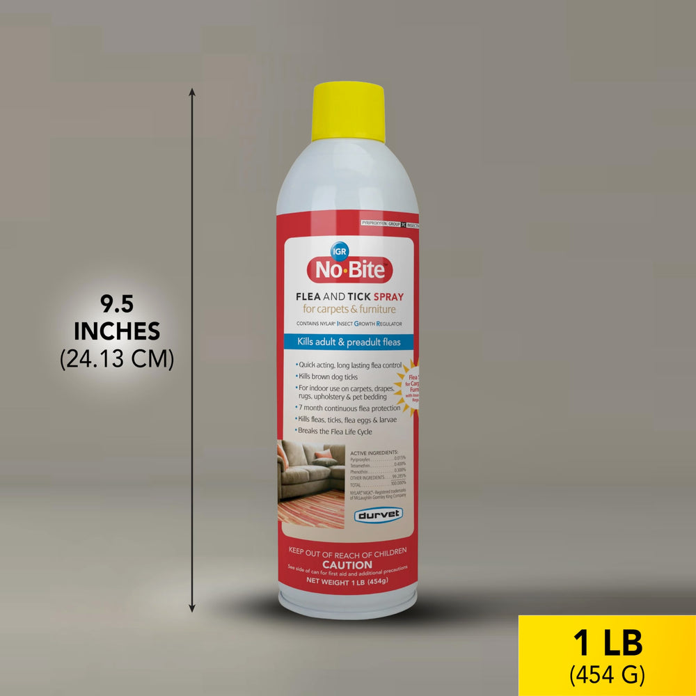 Durvet No Bite IGR 16 oz bottle on carpet for home pest control.