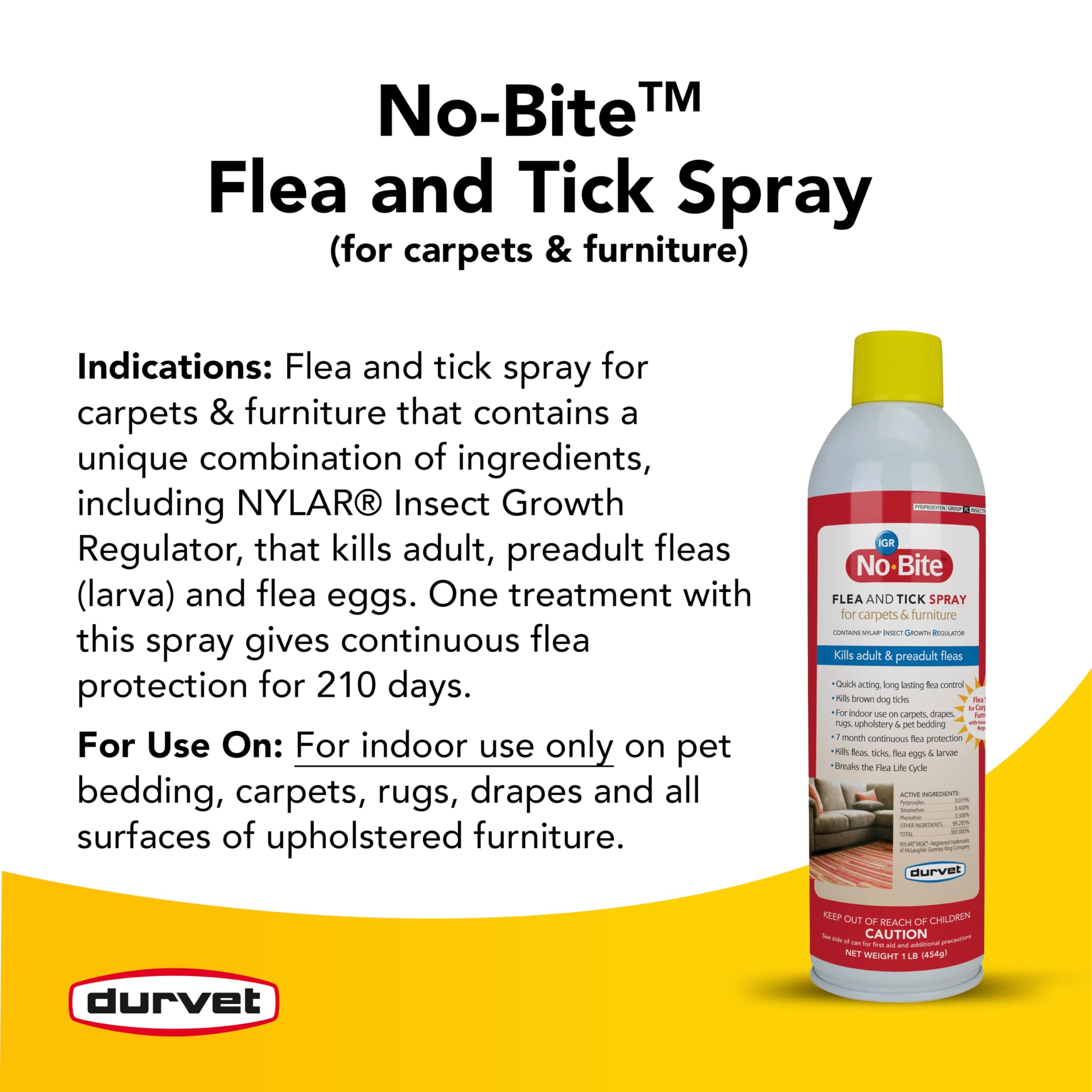 Durvet No Bite IGR spray being applied to carpet fibers for pest control.
