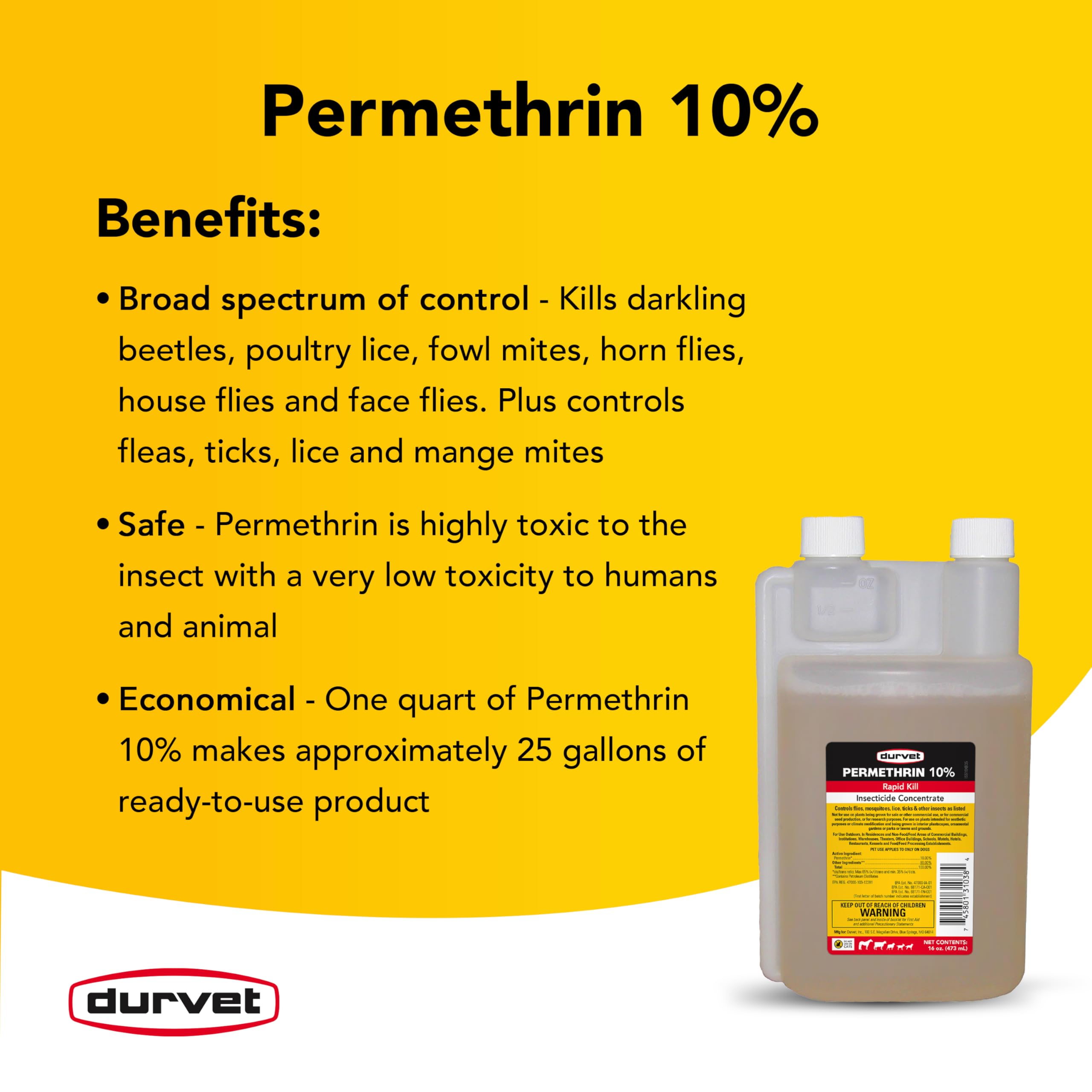 Durvet Permethrin EC 10% dose guide illustrating safe handling