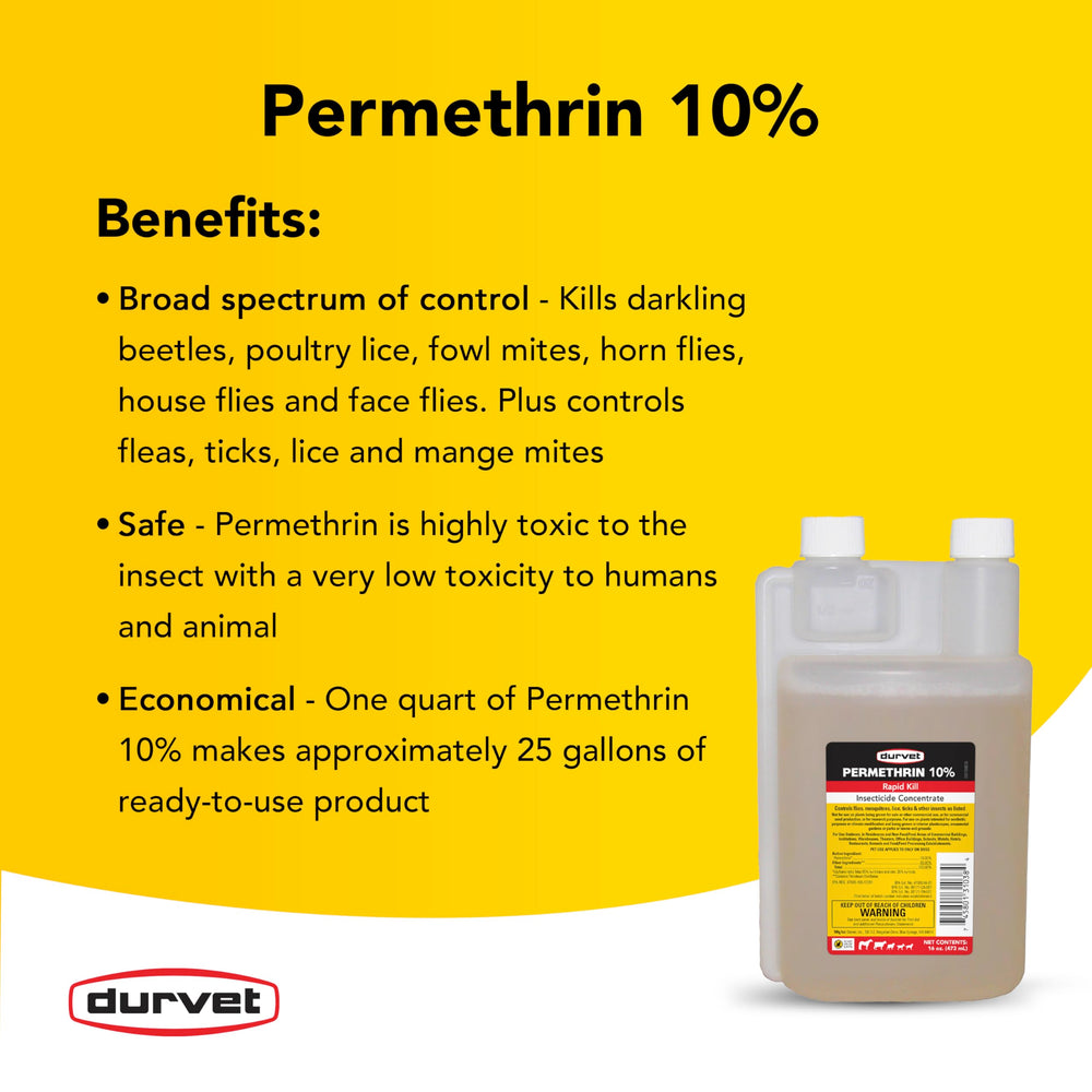 Durvet Permethrin EC 10% dose guide illustrating safe handling