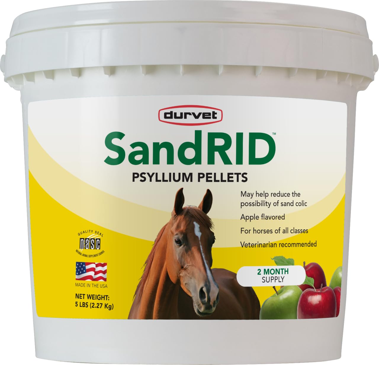 Durvet Sandrid Psyllium Pellets shown for horse digestive support and easy feeding.