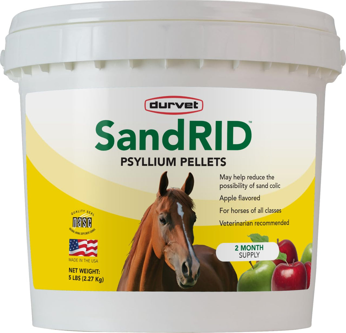 Durvet Sandrid Psyllium Pellets shown for horse digestive support and easy feeding.