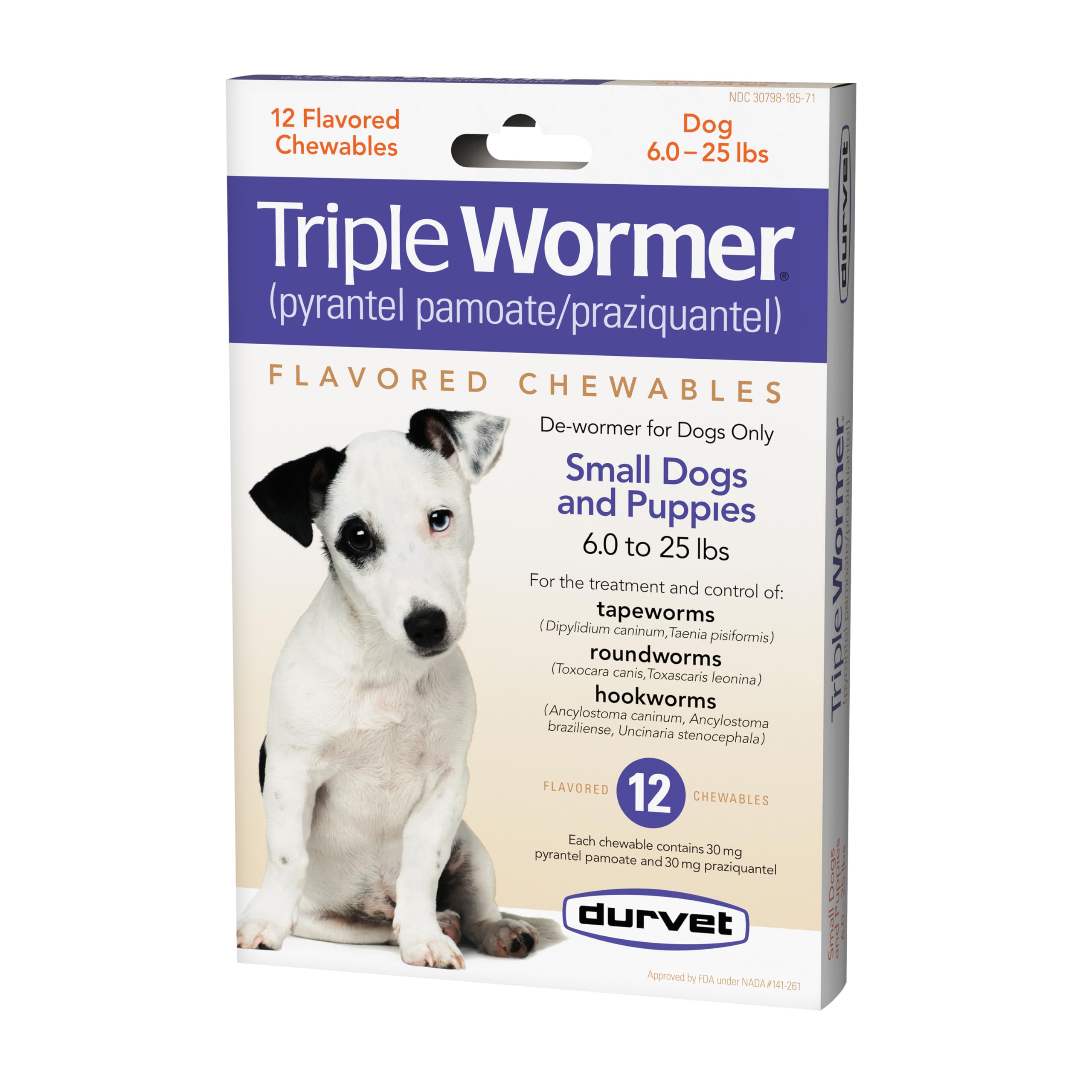 Durvet triple-wormer tablets pack for puppies—easy at-home deworming.