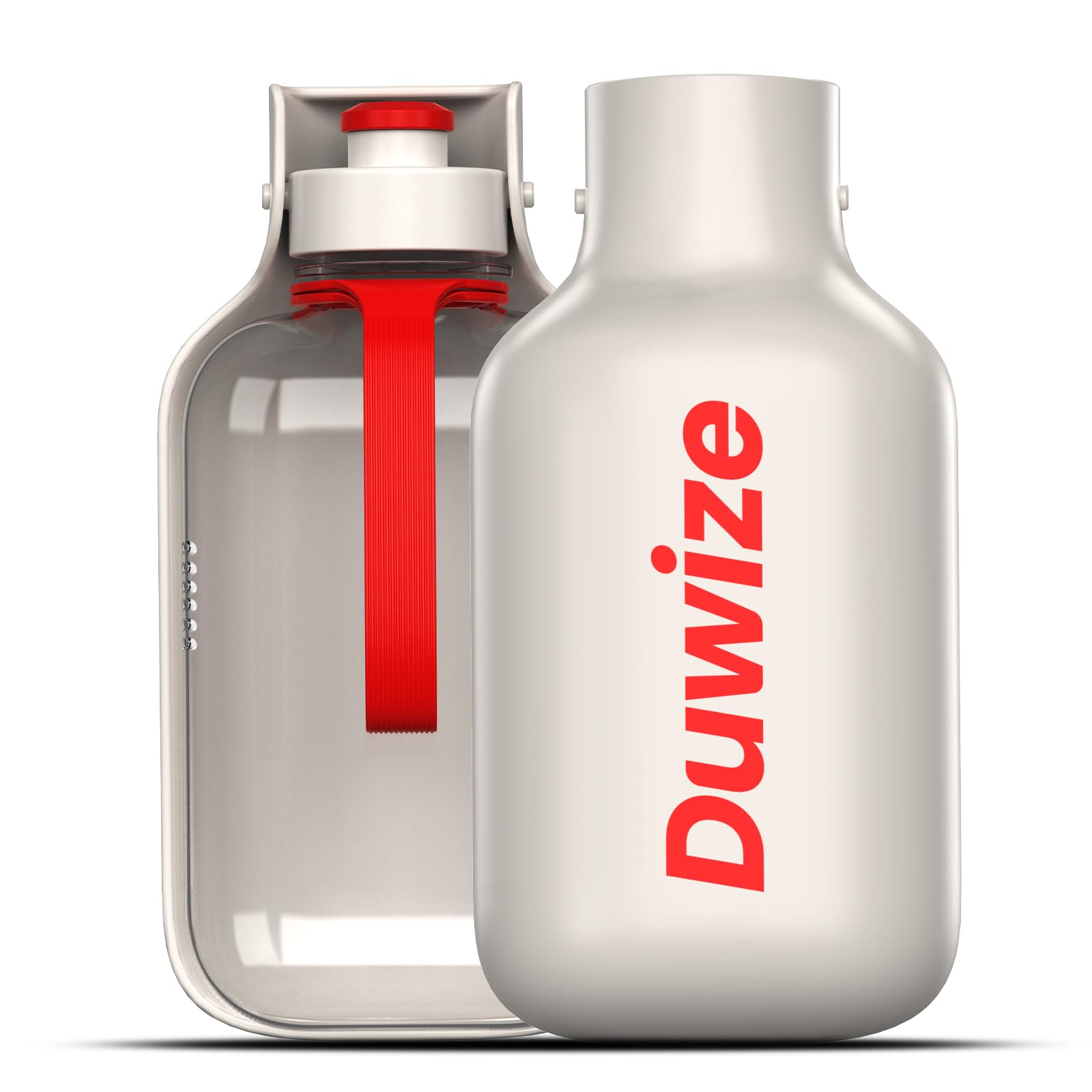 Duwize portable dog water bottle with wide-mouth folding for easy drinking on the go.