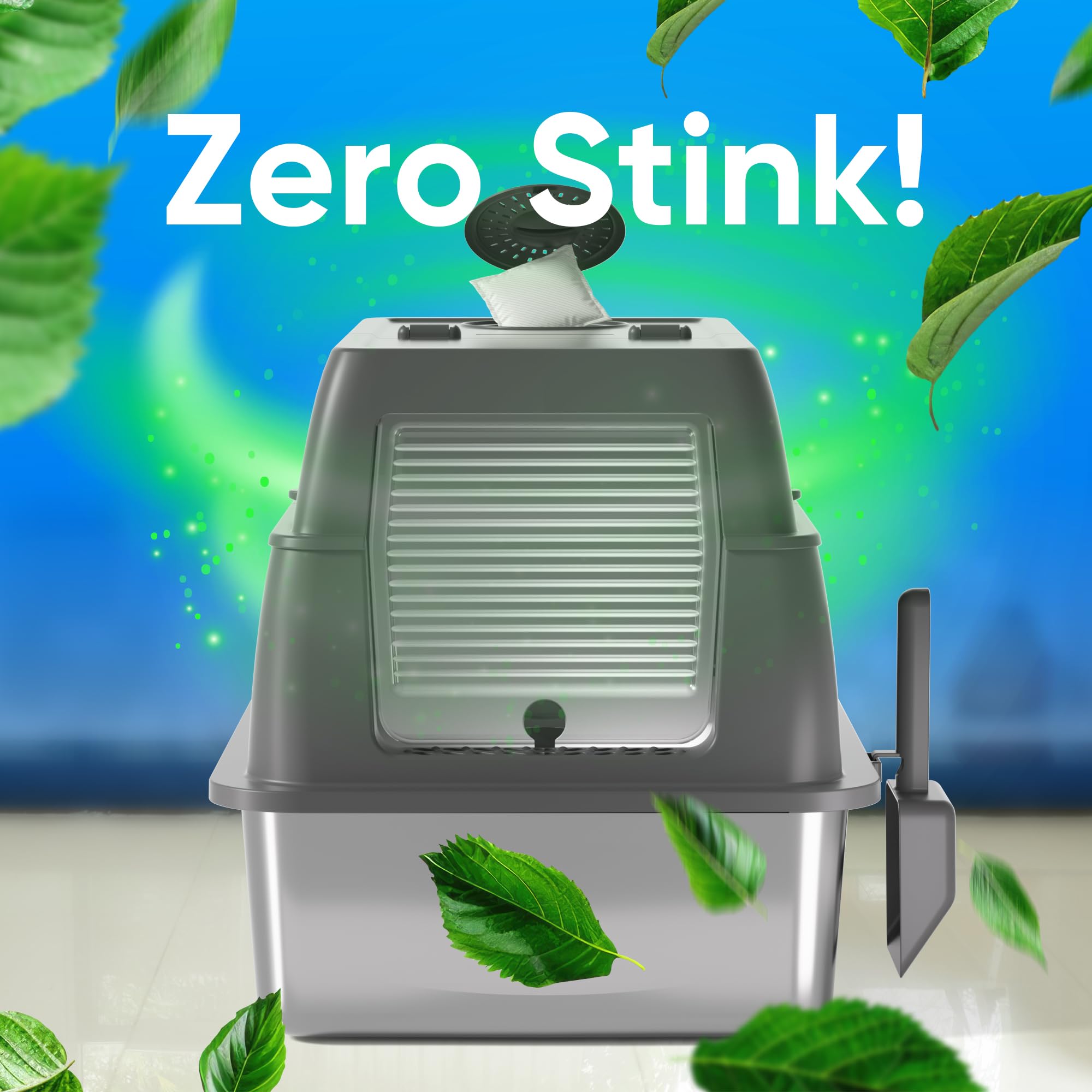 DVPETS stainless steel litter box with 180-degree flip-top lid for quick scooping.