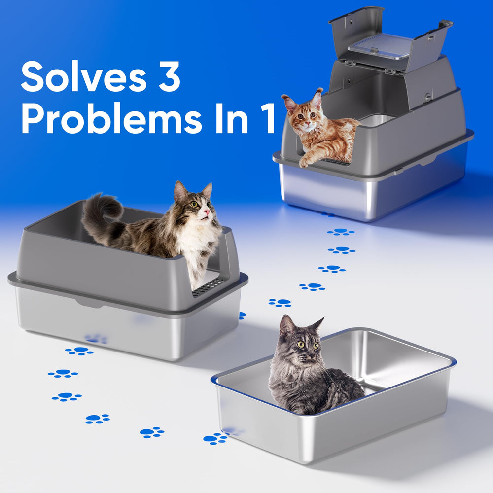 DVPETS stainless steel litter box adjustable front entry for easy access.