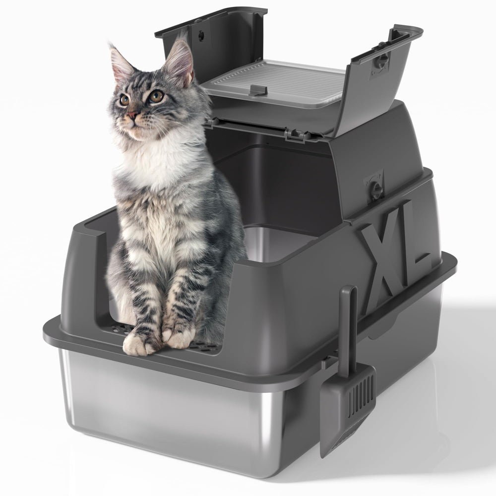 DVPETS stainless steel litter box exterior in dark grey, ideal for big cats.