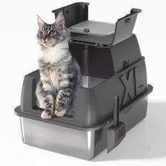 DVPETS stainless steel litter box exterior in dark grey, ideal for big cats.