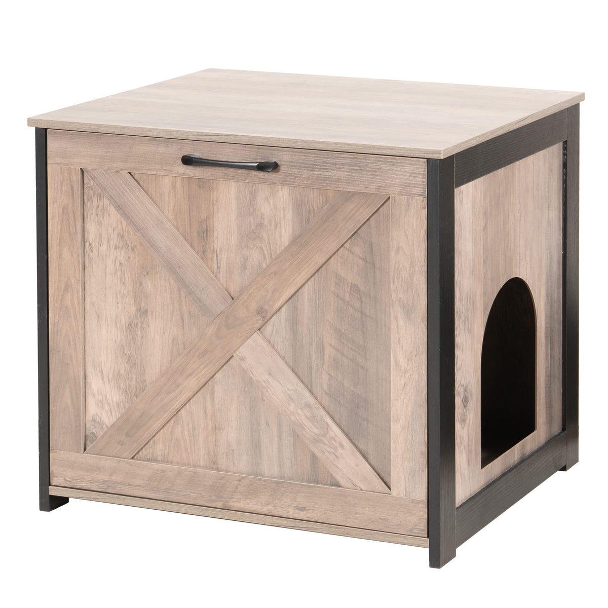 Dwanton cat litter box furniture front view shows discreet enclosure for living spaces.