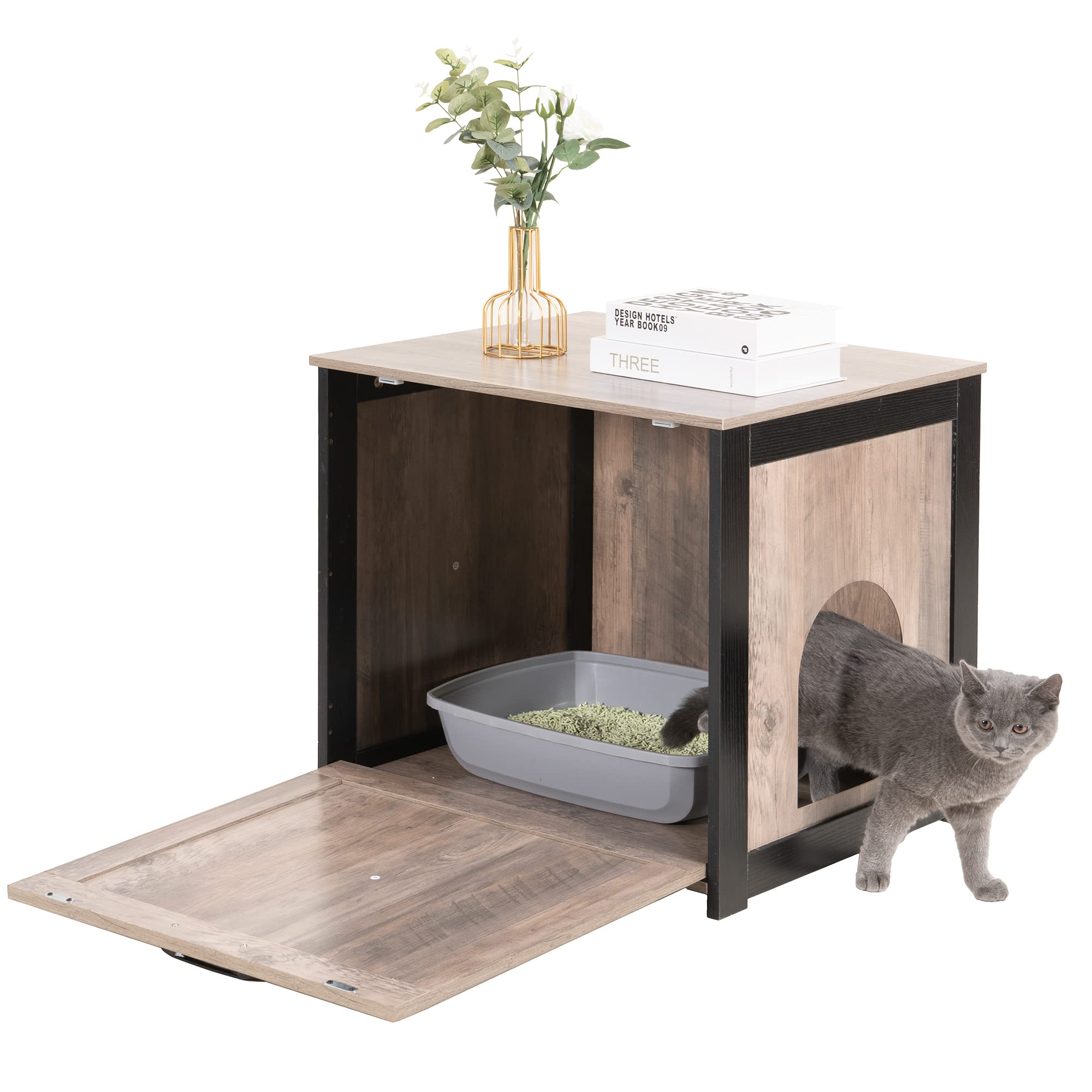 Dwanton cat litter box furniture with reversible entrance demonstrates flexible left-right access.