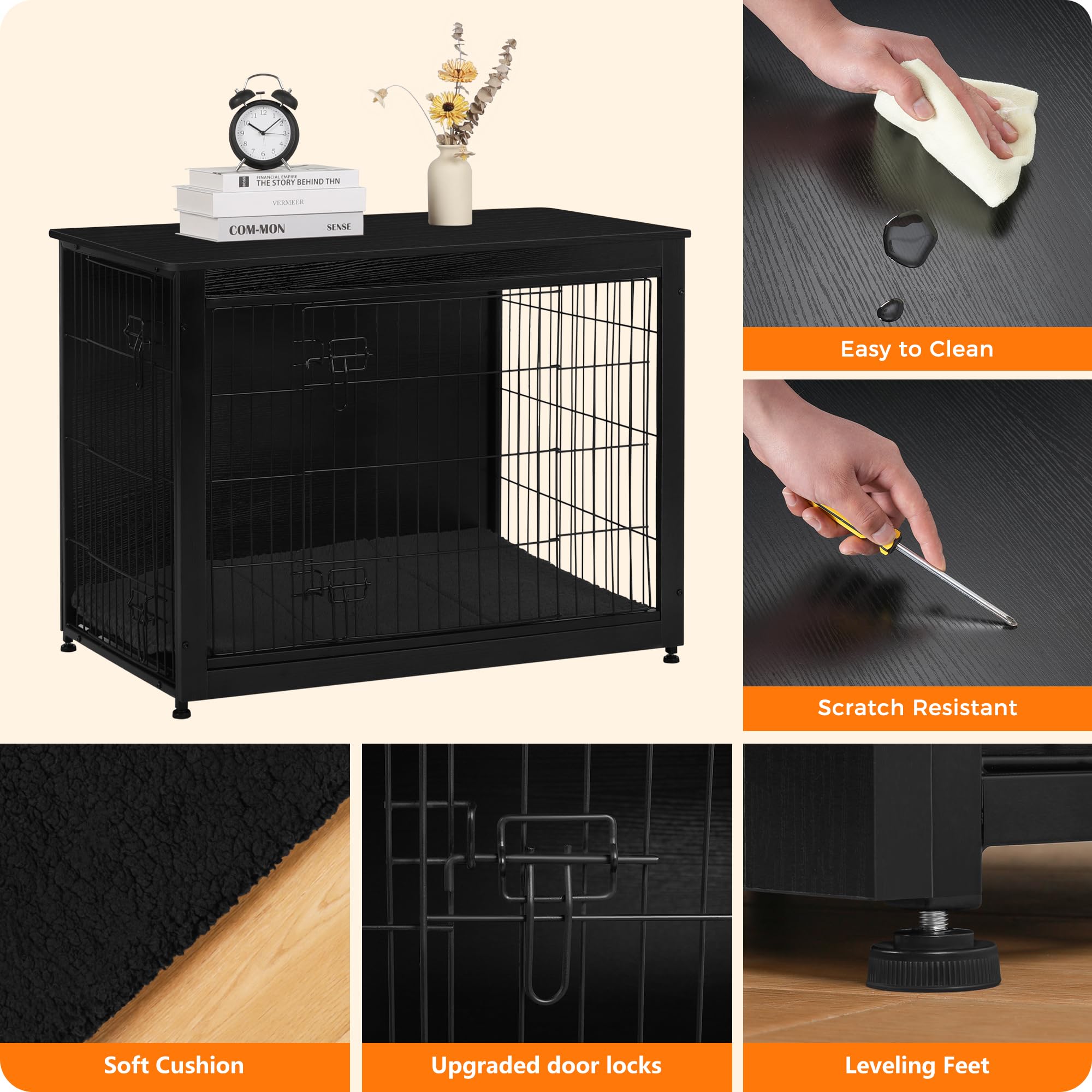 Dwanton dog crate furniture adjustable feet keep it stable on uneven floors.
