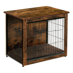 Dwanton dog crate furniture close-up highlighting chew-resistant wooden construction and rustic brown finish.
