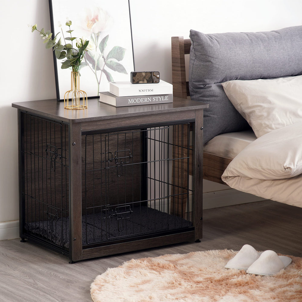 Dwanton dog crate furniture cushioned interior showcases cozy sleeping space.