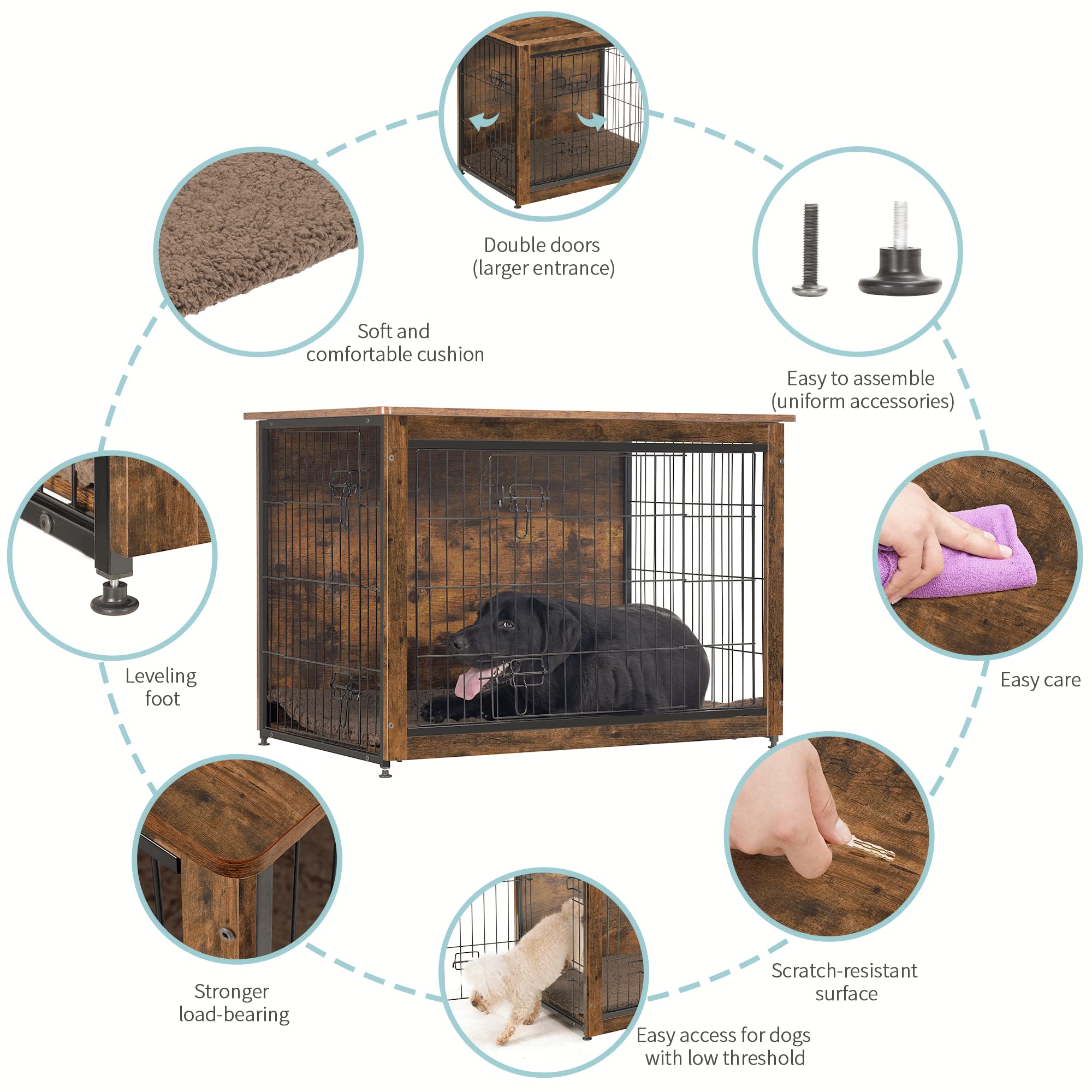 Dwanton dog crate furniture double doors provide easy access and cleaning.