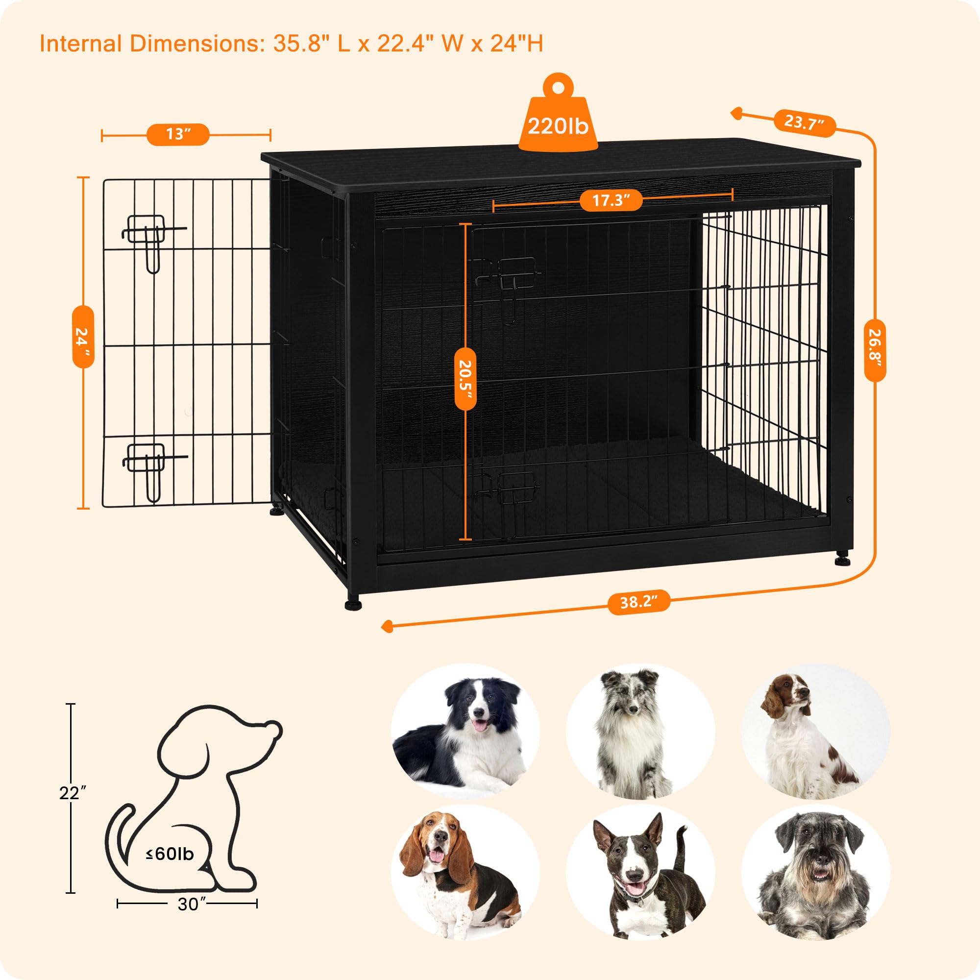Dwanton dog crate furniture double doors provide easy access and quick containment.