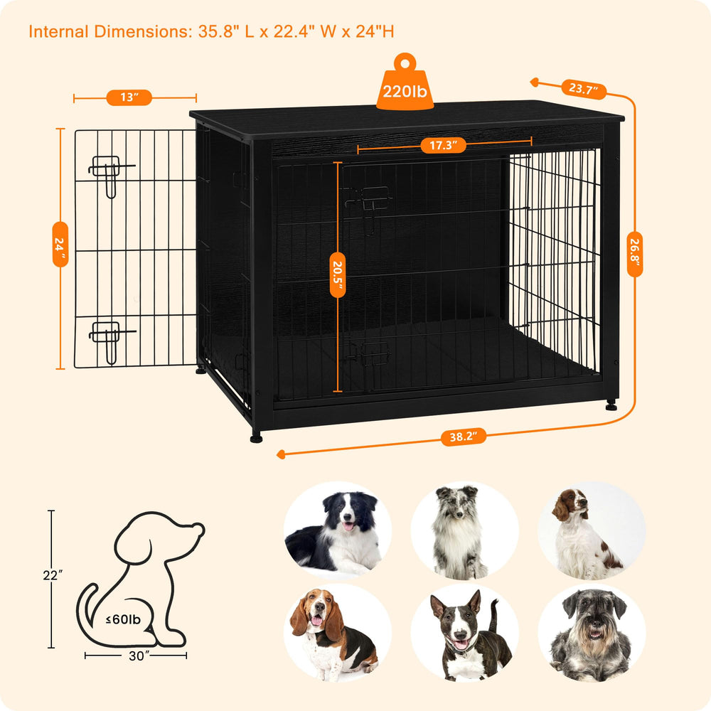 Dwanton dog crate furniture double doors provide easy access and quick containment.