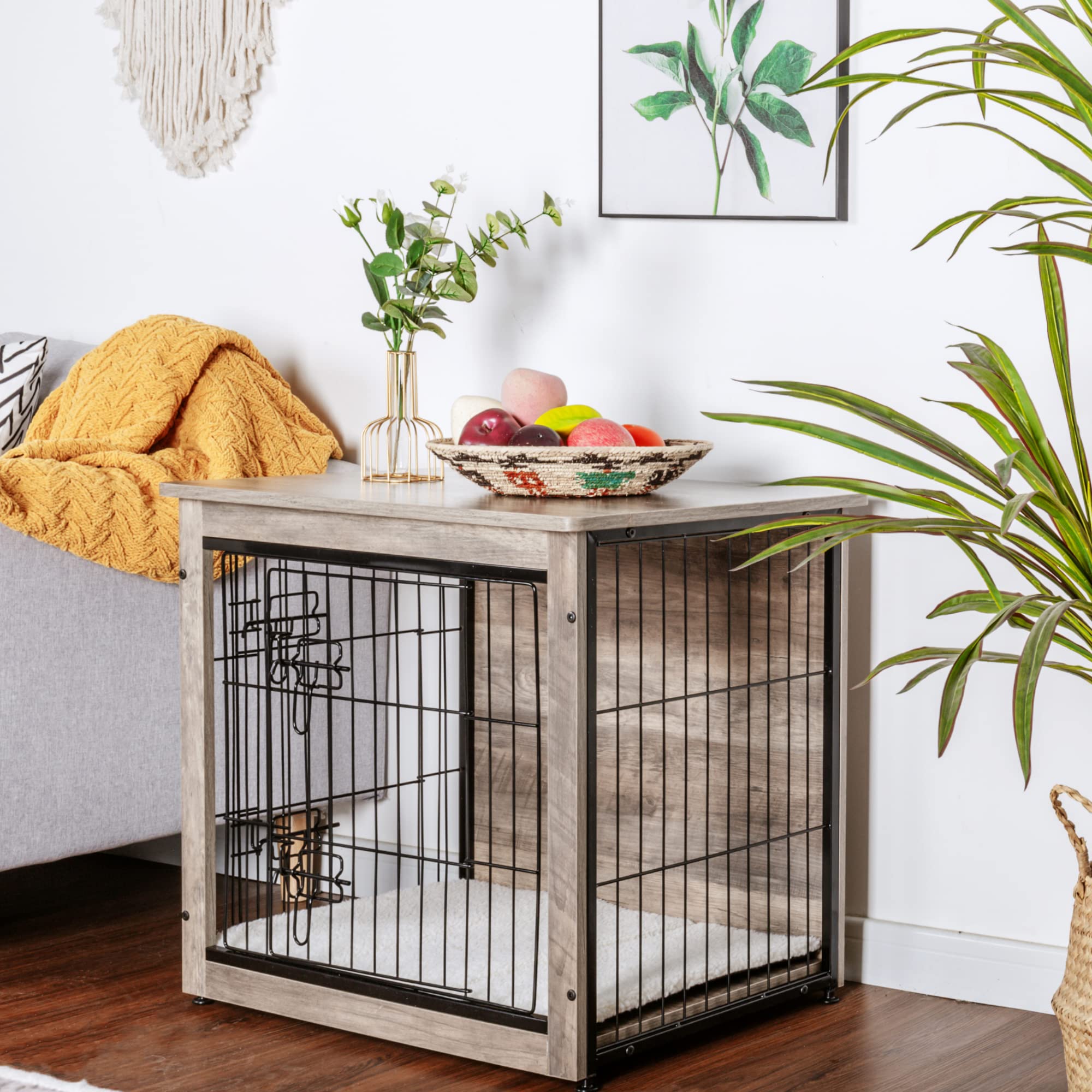 Dwanton dog crate furniture used as a side table with pet-friendly cushion