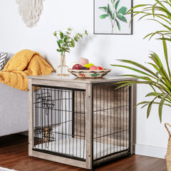 Dwanton dog crate furniture used as a side table with pet-friendly cushion