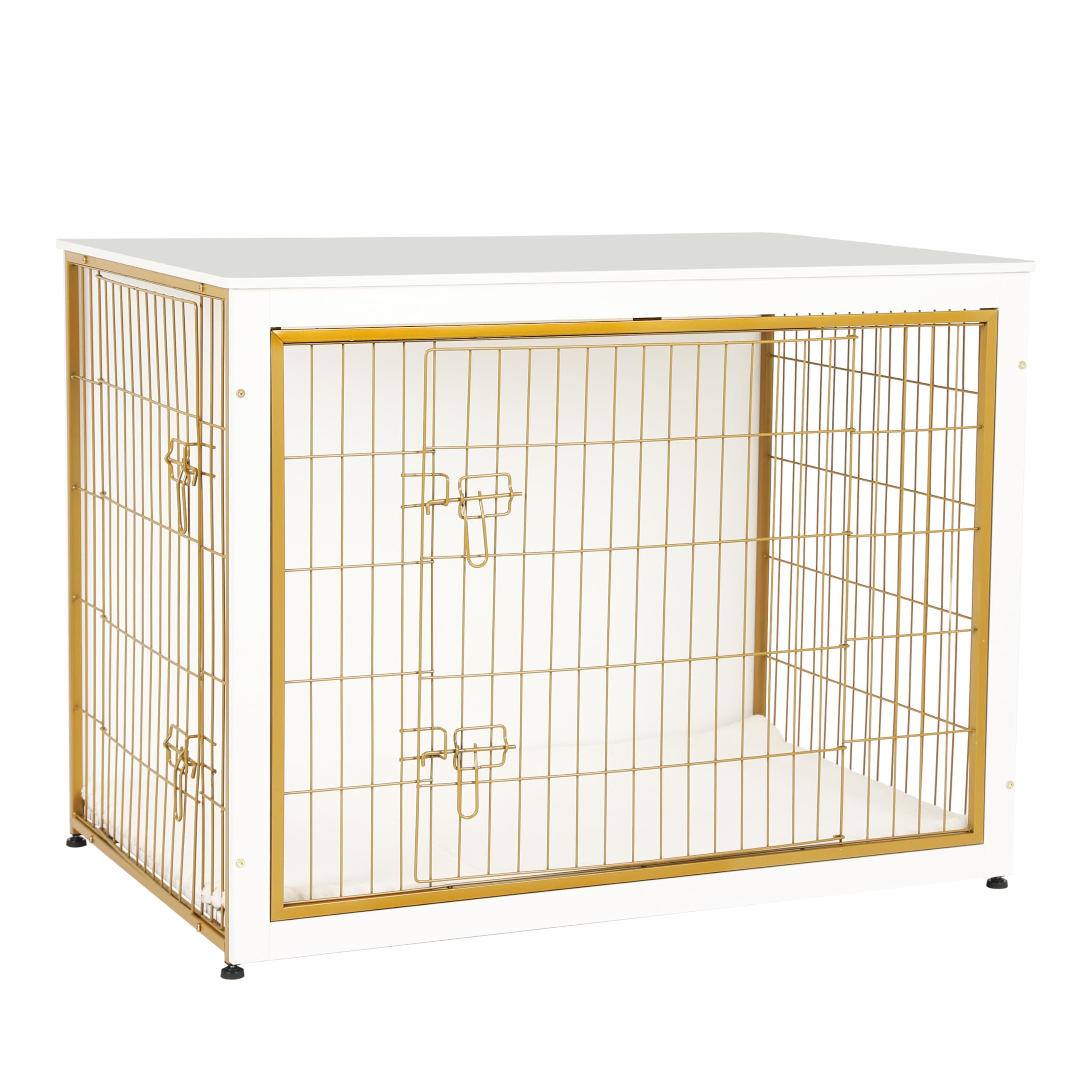 Dwanton dog crate furniture front view in white and gold, a stylish pet crate and table combo