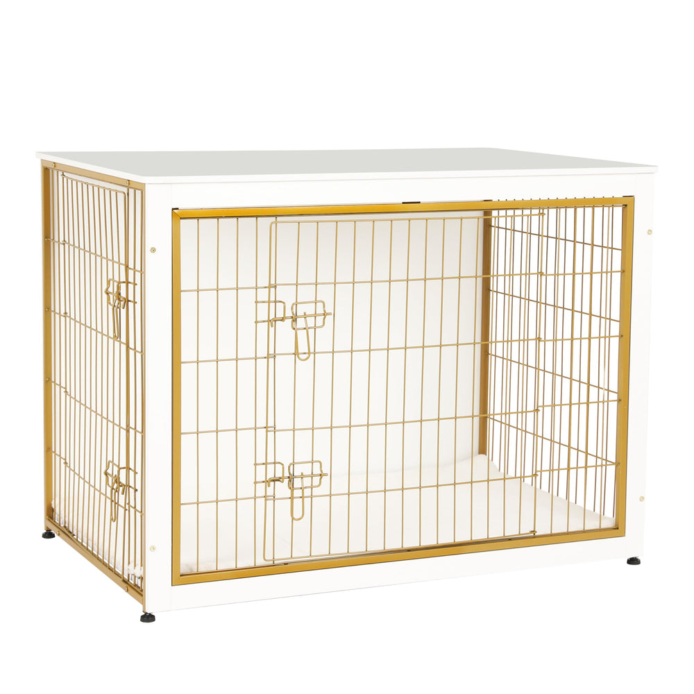 Dwanton dog crate furniture front view in white and gold, a stylish pet crate and table combo