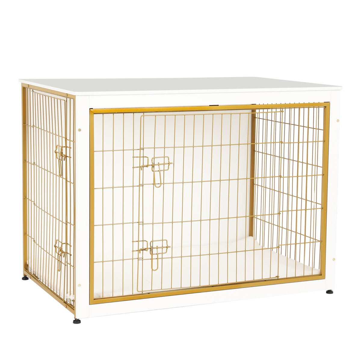 Dwanton dog crate furniture front view in white and gold, a stylish pet crate and table combo
