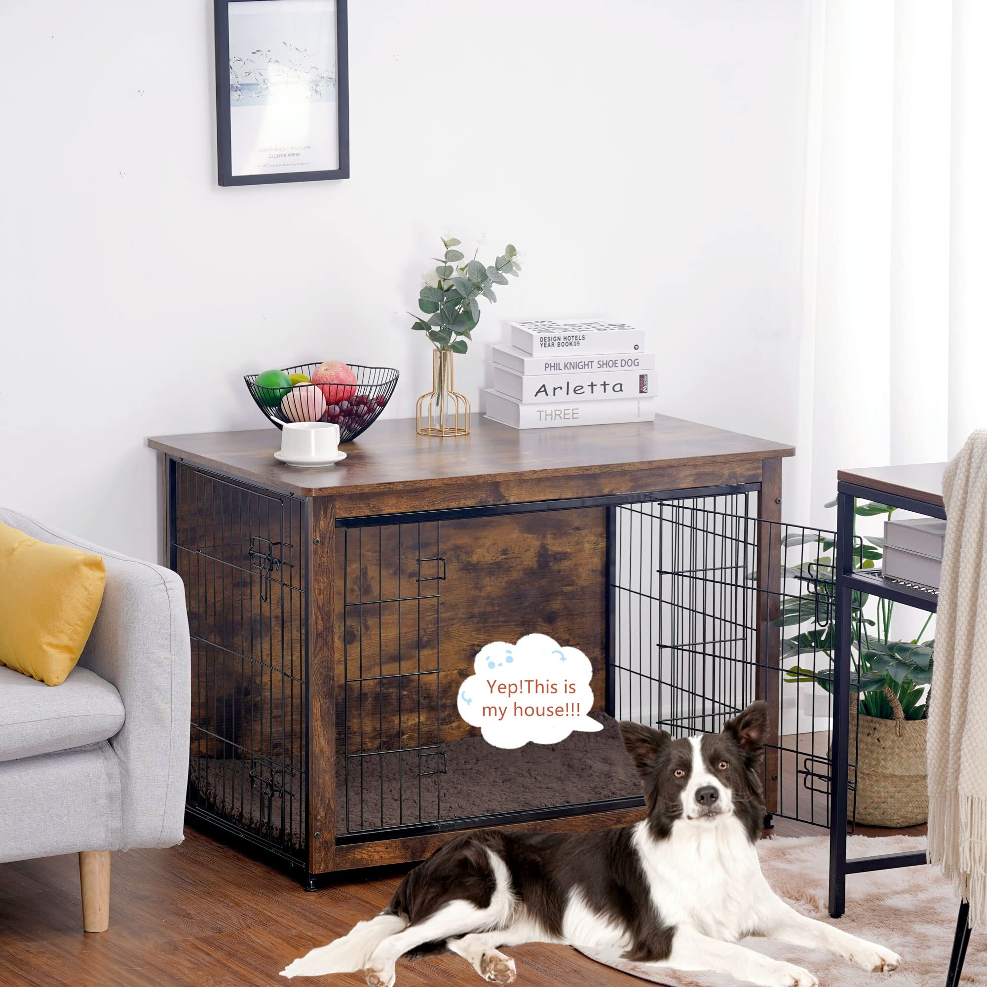 Dwanton dog crate furniture interior with cushion offers cozy sleep and pet comfort.