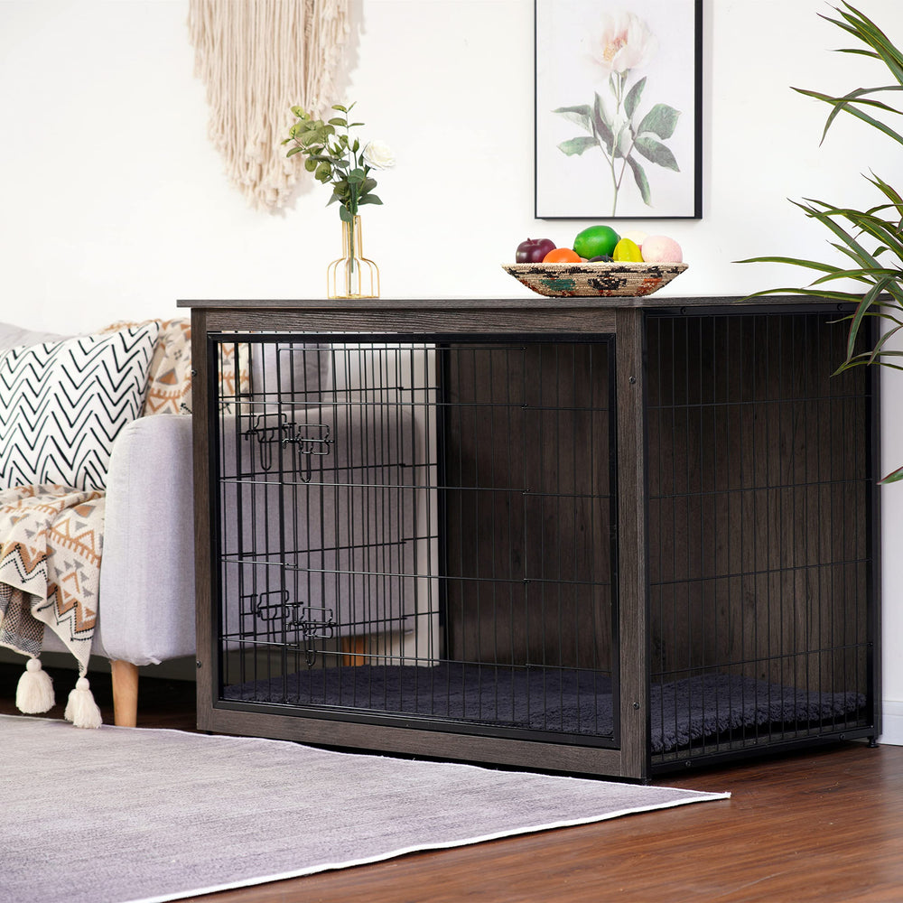 Dwanton dog crate furniture side table top highlights multipurpose surface for decor and lamp.