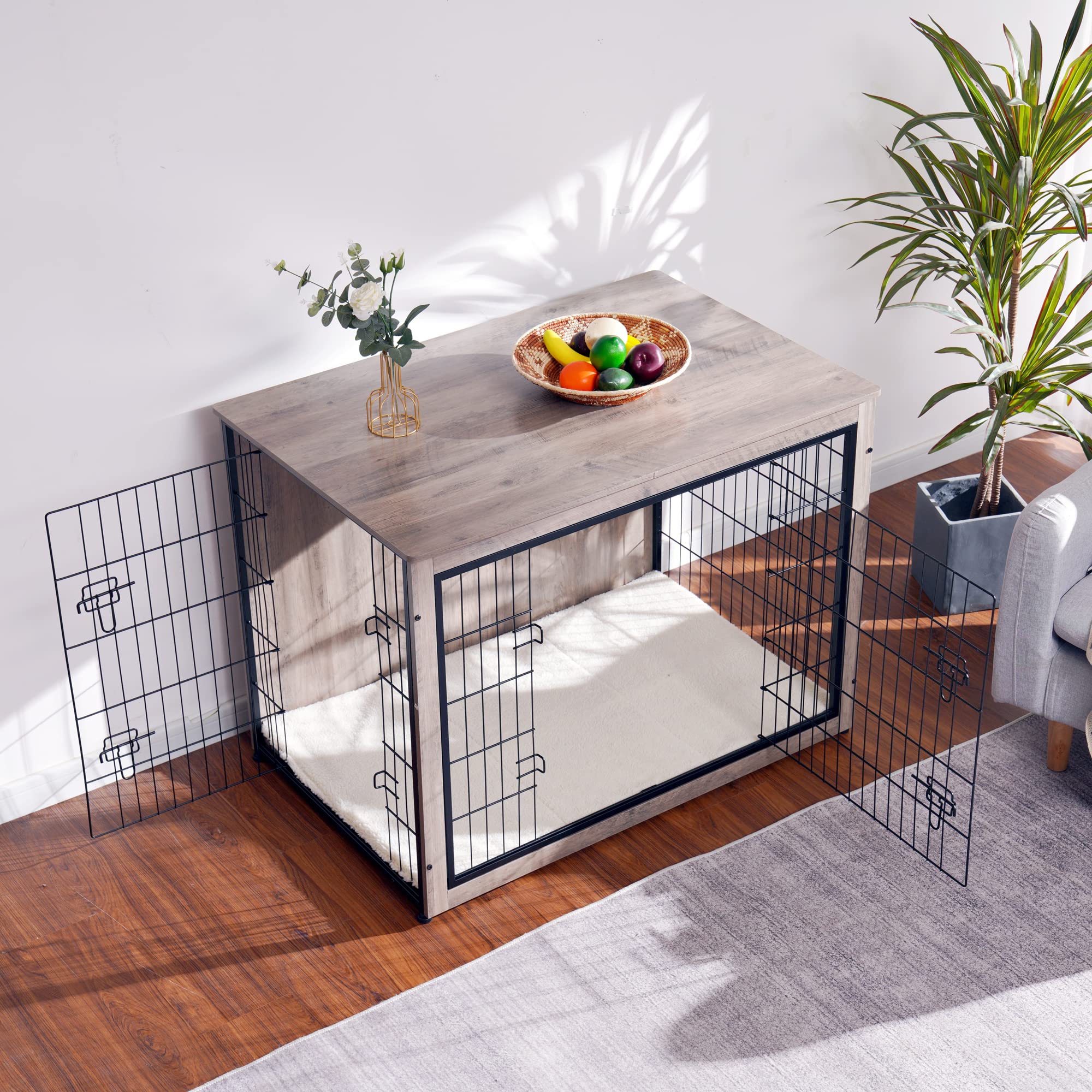 Dwanton dog crate greige finish blends with decor.