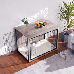 Dwanton dog crate greige finish blends with decor.