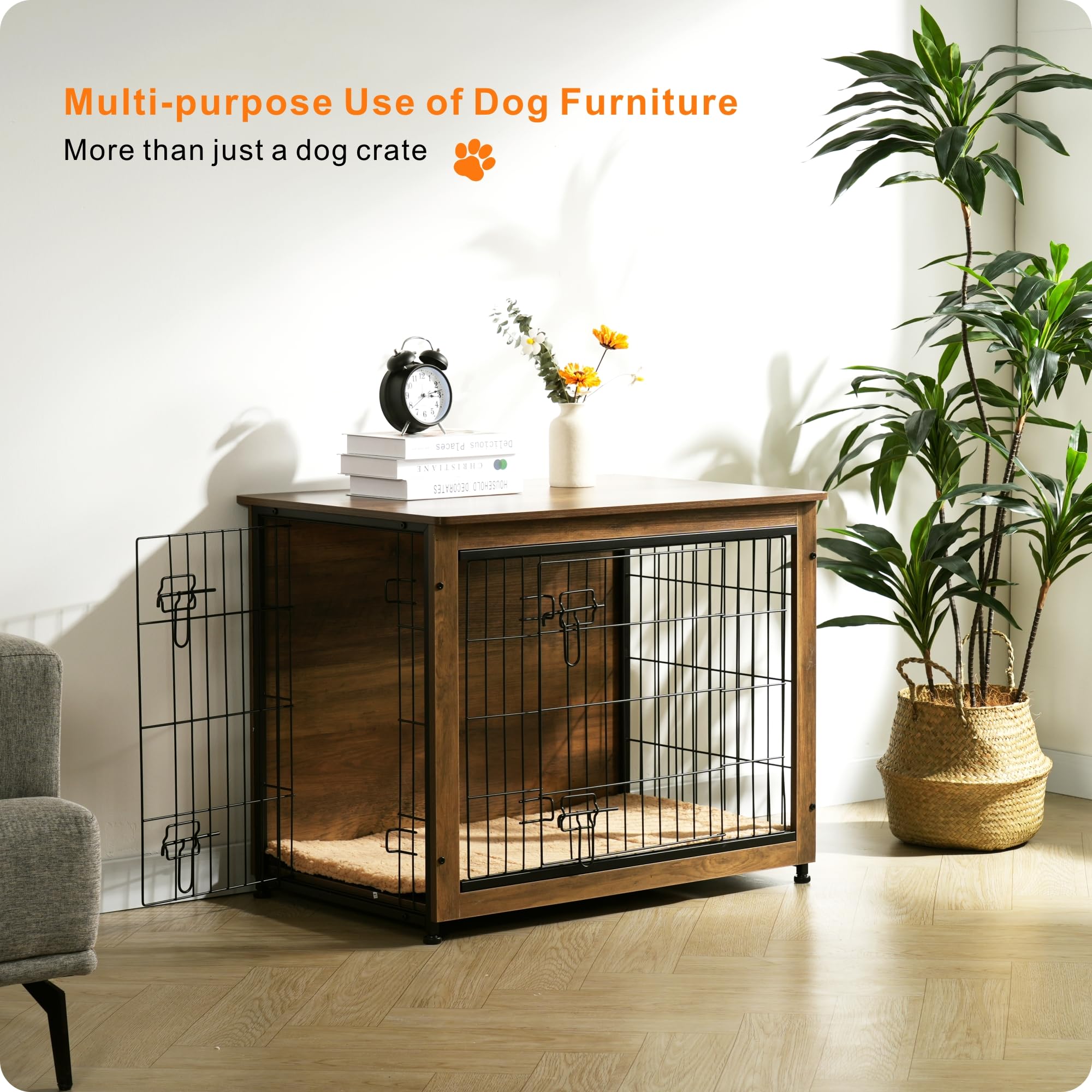 Dwanton dog crate room setup shows compact, stylish pet housing solution.