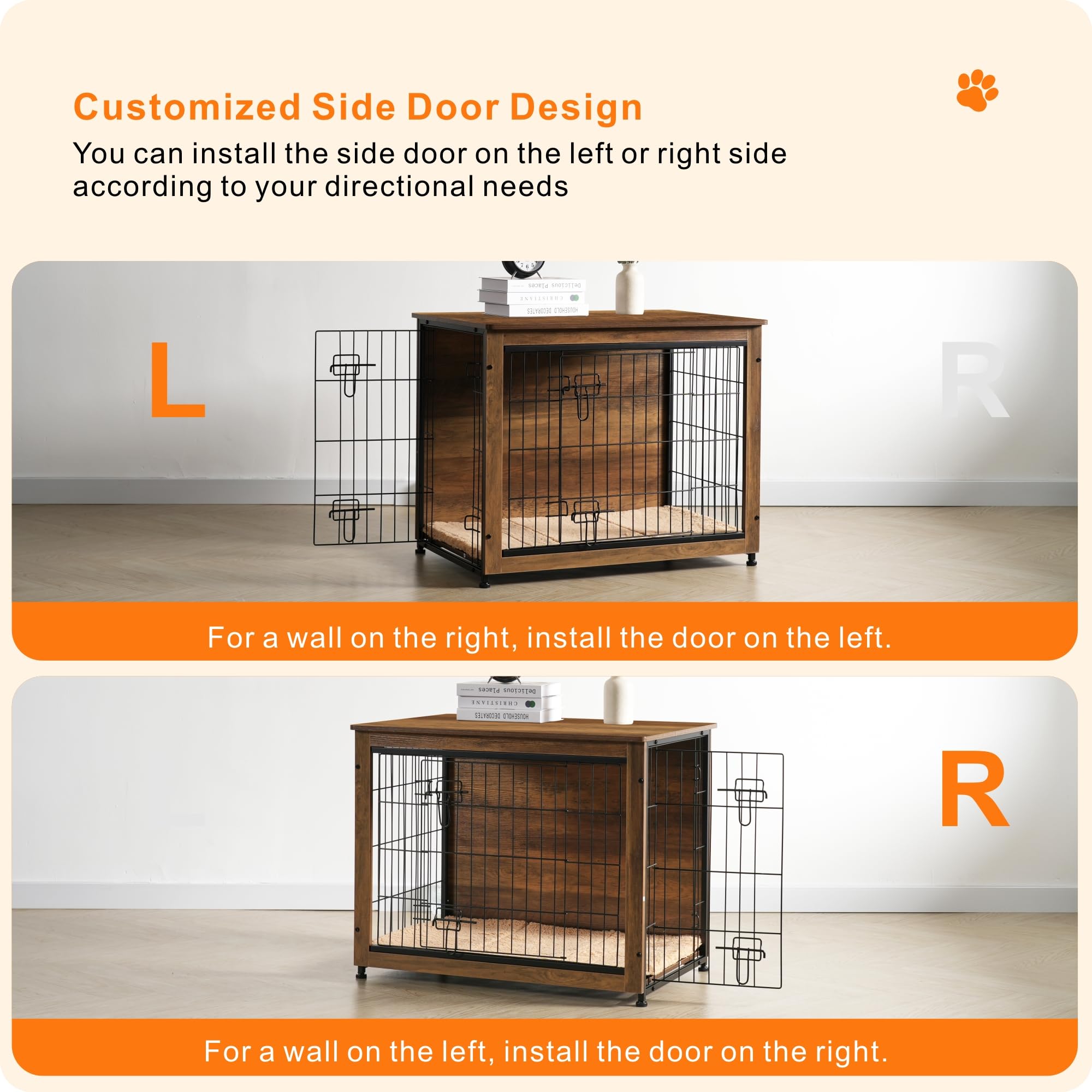 Dwanton dog crate side-table top with décor demonstrates multi-function design.