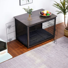 DWANTON Kennel table with double doors for easy crate access and tidy living space.