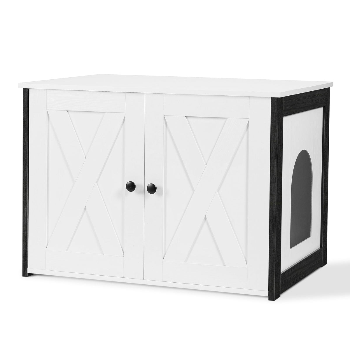 Dwanton litter box enclosure front view in white, blends with décor