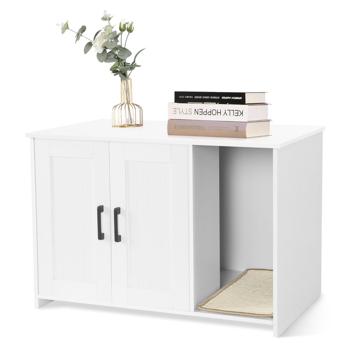 Dwanton litter box enclosure front view shows a clean hidden litter solution