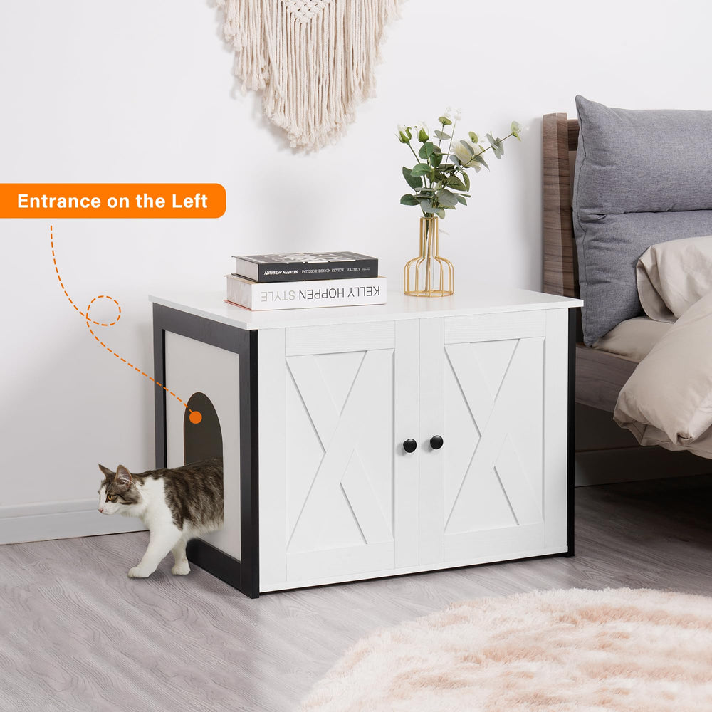 Dwanton litter box enclosure with reversible entrance on left side