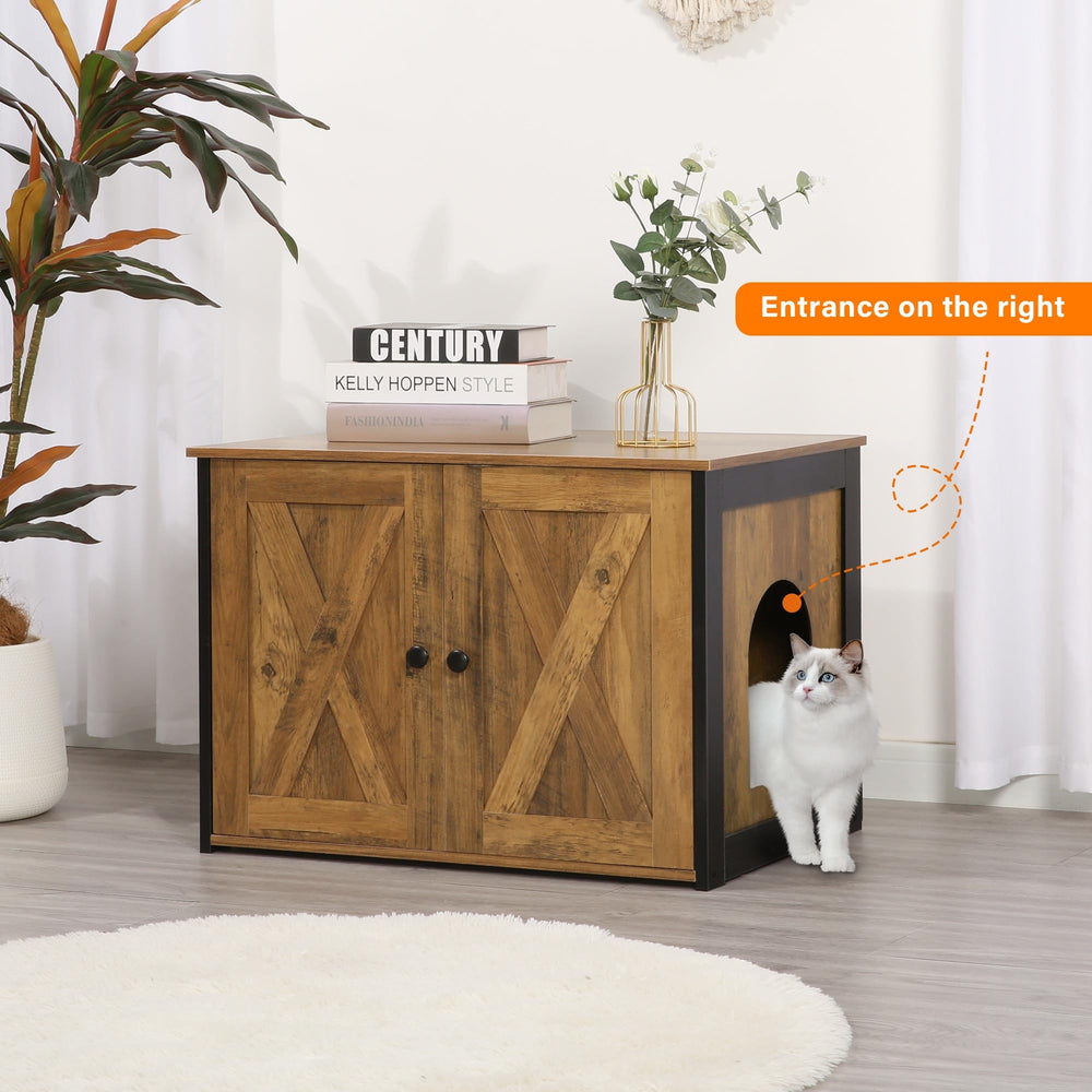 Dwanton litter box enclosure with reversible entrance for flexible placement