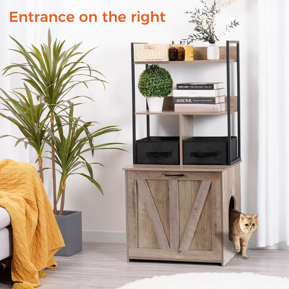 Dwanton litter box enclosure with reversible entrance for convenient pet access.