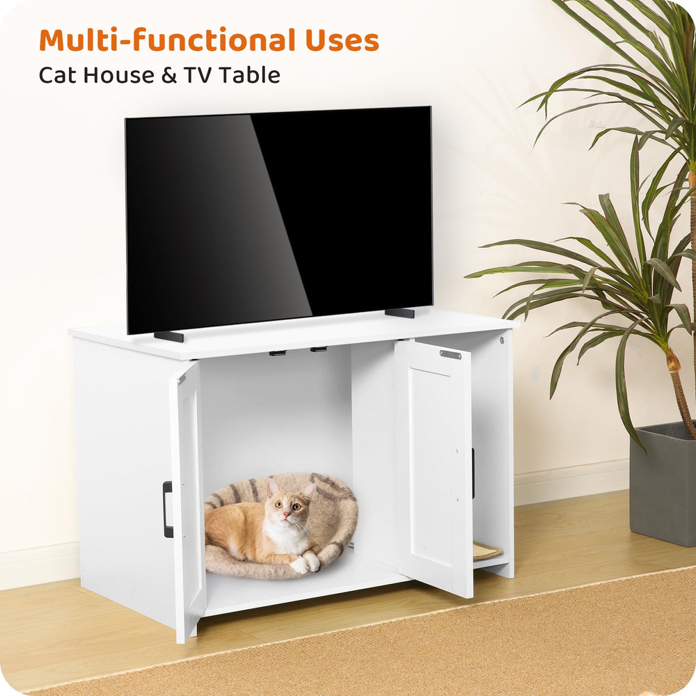 Dwanton litter box enclosure with scratching mat highlights cat scratching at entry
