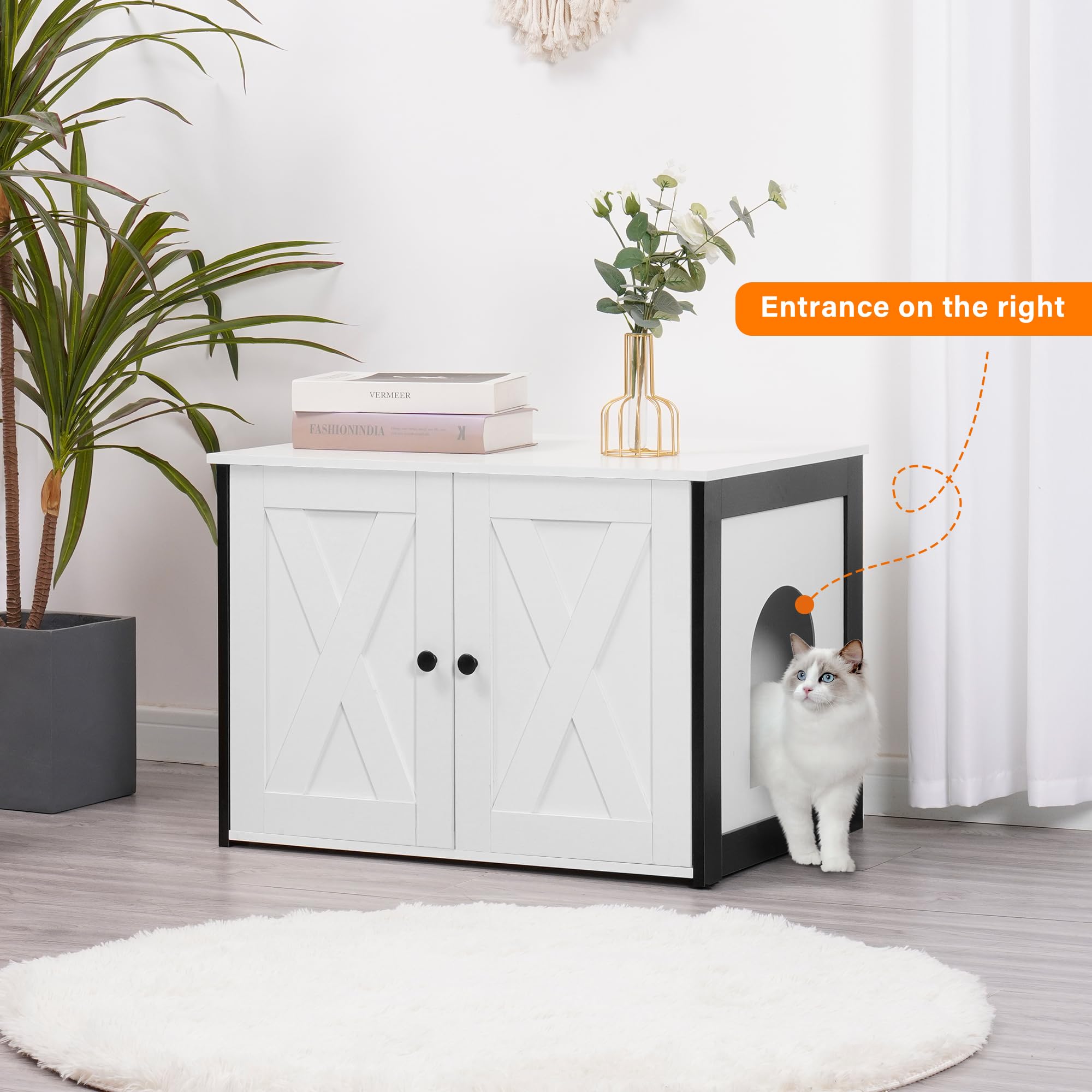 Dwanton litter box enclosure side view shows wooden panel design and compact footprint