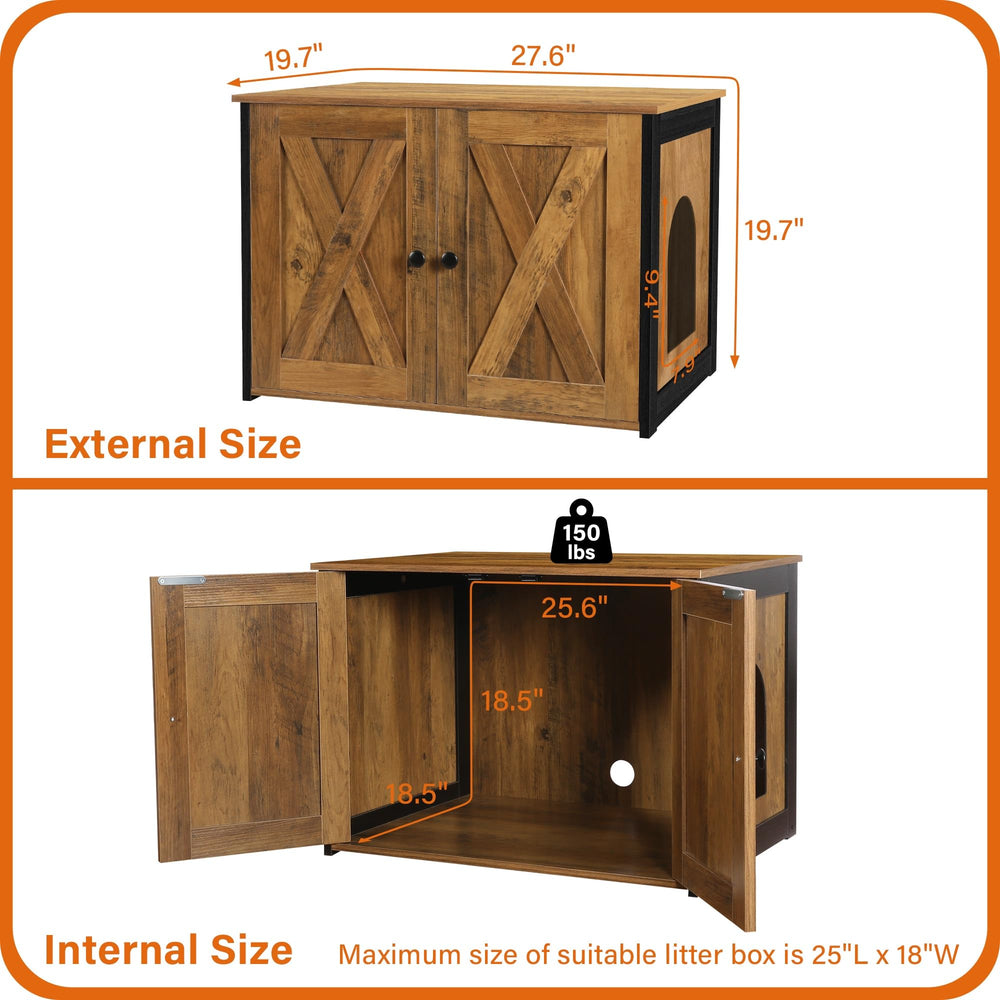 Dwanton litter box enclosure wood panel detail highlighting warm brown finish