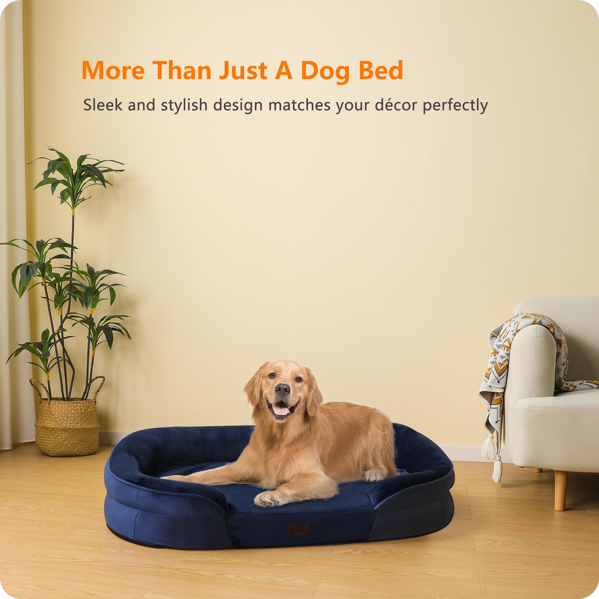 Dwanton 42-inch navy bed offers ample space for large breeds.