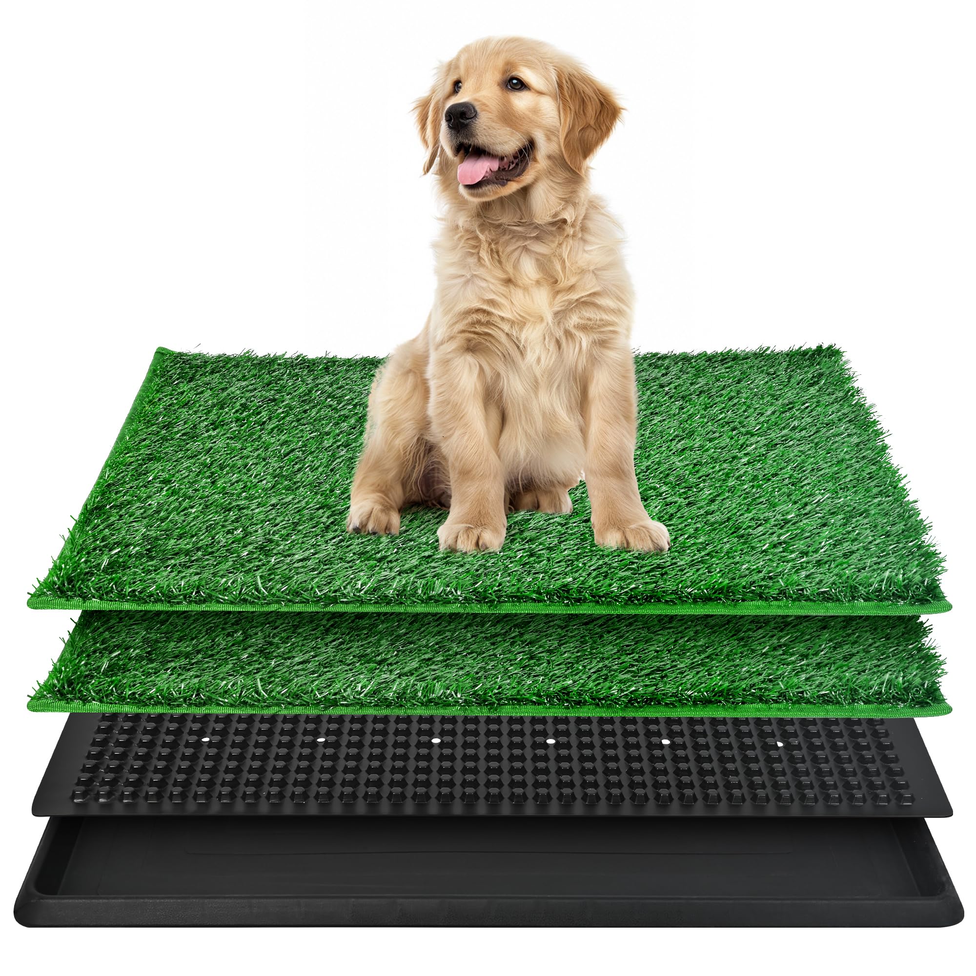 DwlSpce dog grass pad tray close-up with two reusable turf sections for potty training