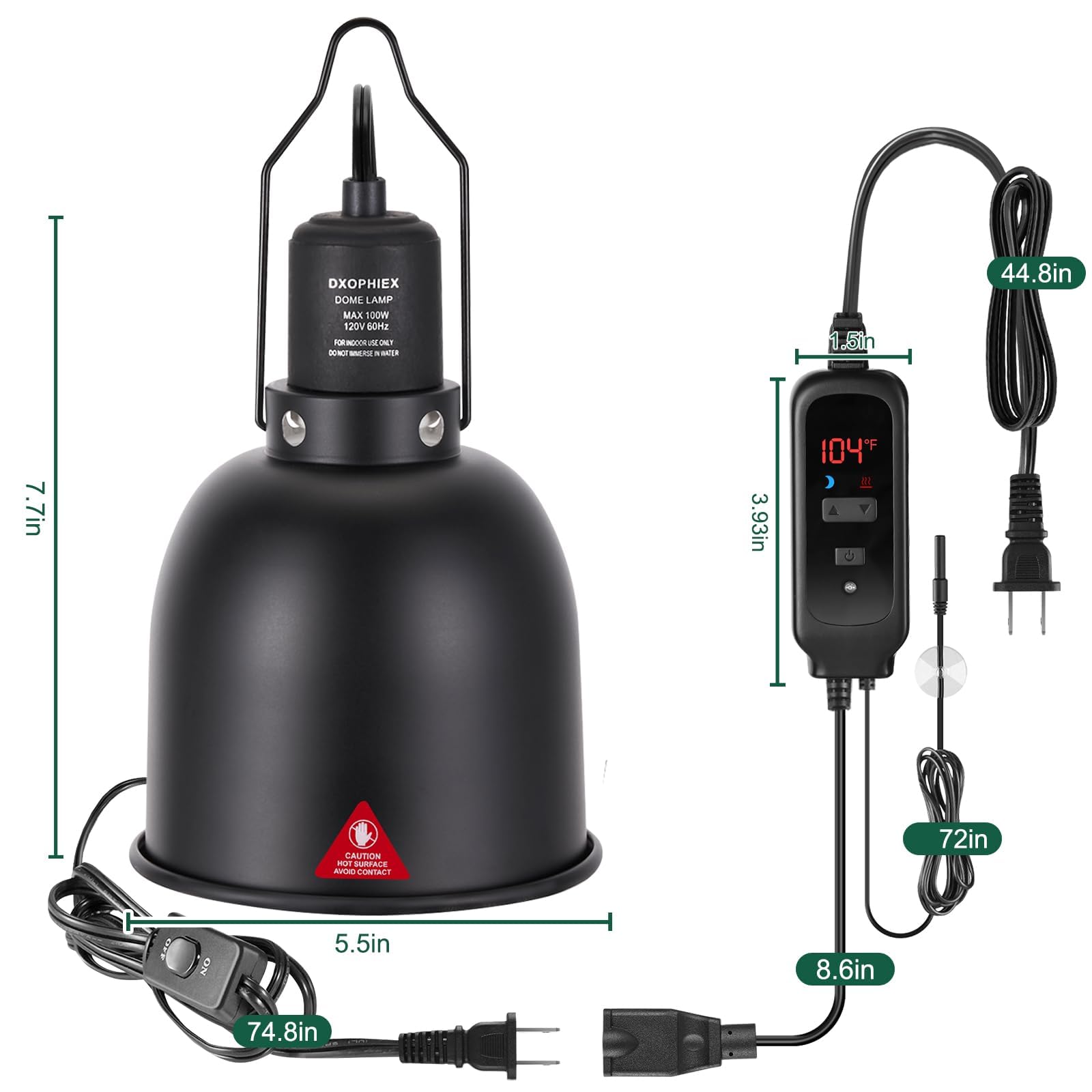 DXOPHIEX ETL-certified fixture supports up to 100W for bearded dragons and other reptiles.