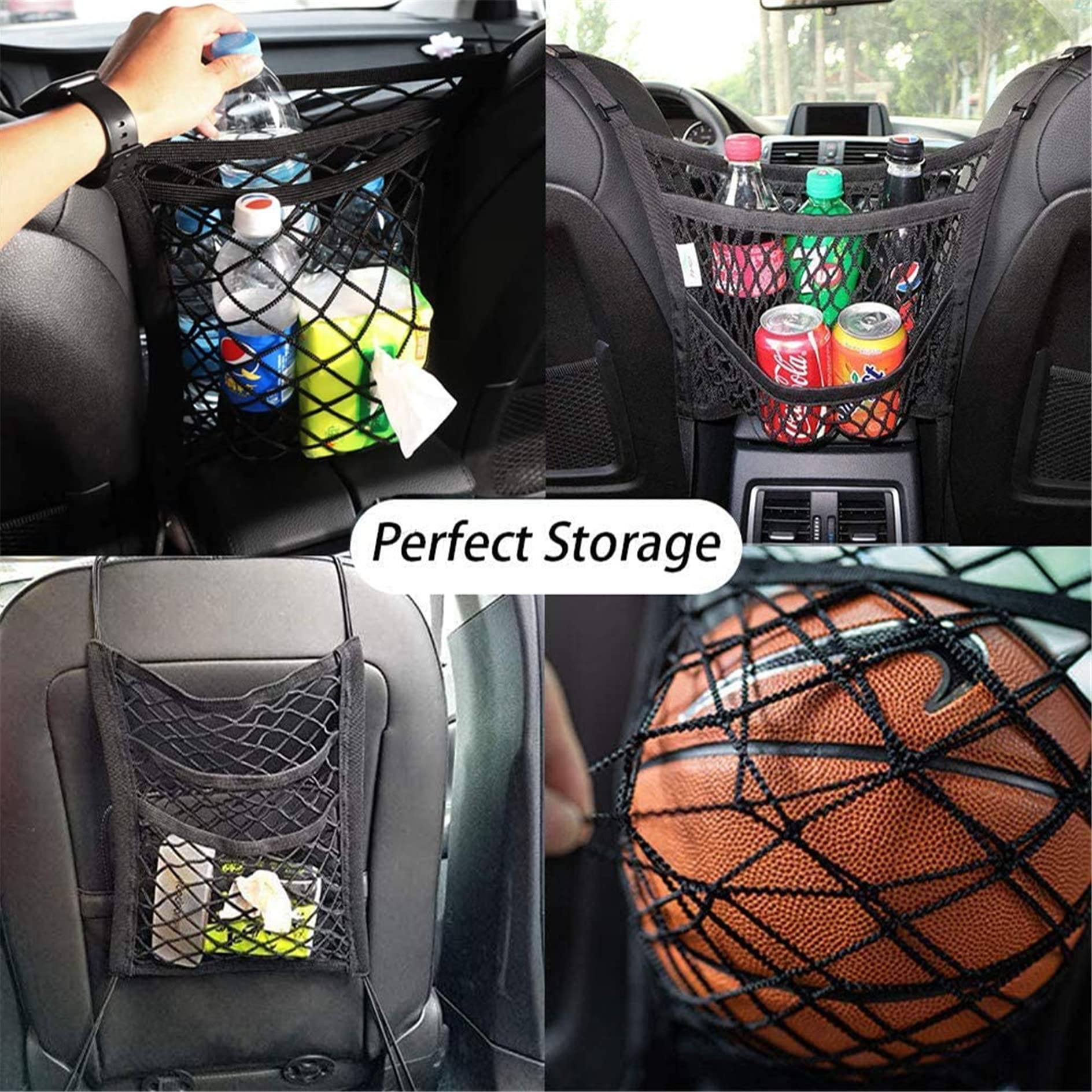 DYKESON seat-back net bag provides purse holder and storage while driving.