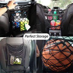 DYKESON seat-back net bag provides purse holder and storage while driving.