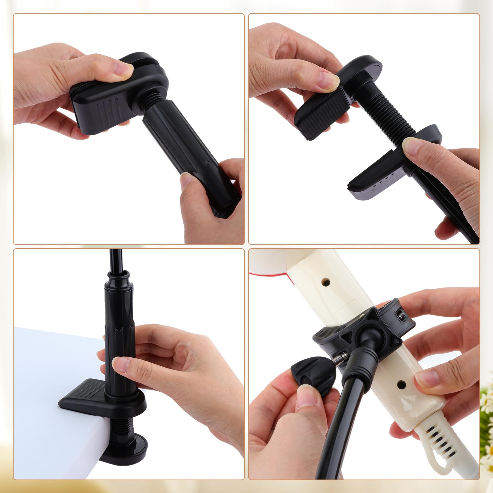 Dynwave adjustable third-arm with clamp enables hands-free brushing and drying.